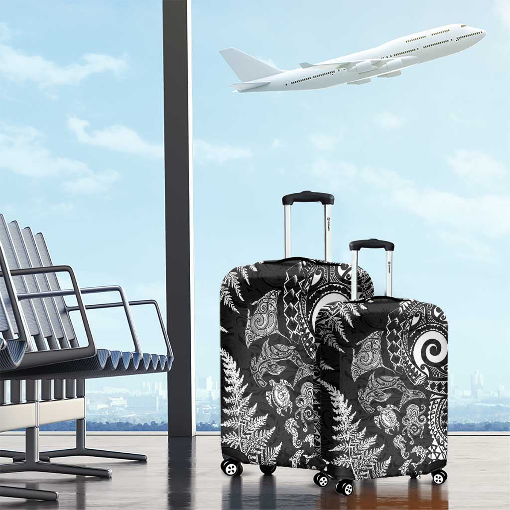 New Zealand Sea Animals Luggage Cover with Maori Koru Tribal Tattoo and Silver Ferns Black Color LT03 - Polynesian Pride