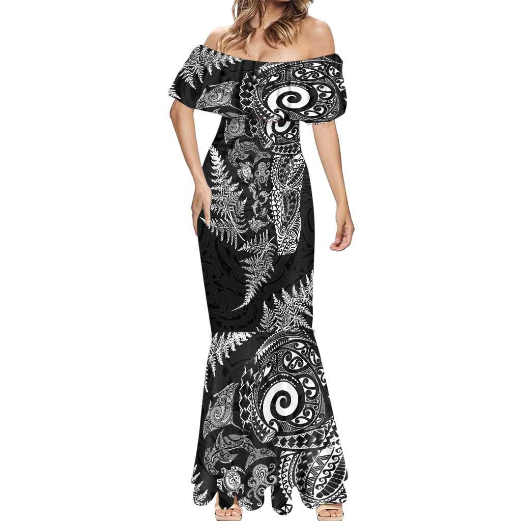 New Zealand Sea Animals Mermaid Dress with Maori Koru Tribal Tattoo and Silver Ferns Black Color LT03 - Polynesian Pride