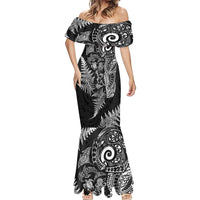 New Zealand Sea Animals Mermaid Dress with Maori Koru Tribal Tattoo and Silver Ferns Black Color LT03 - Polynesian Pride