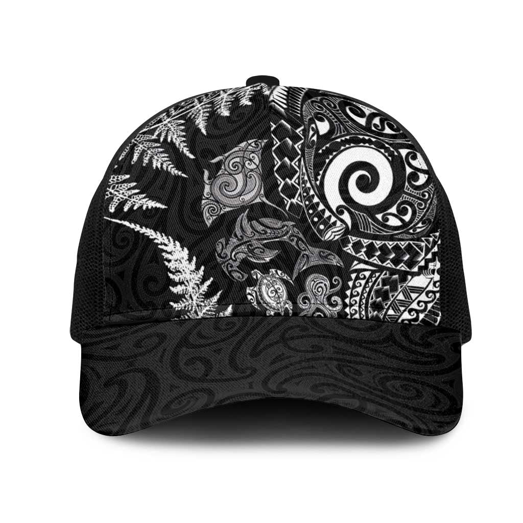 New Zealand Sea Animals Mesh Trucker Cap with Maori Koru Tribal Tattoo and Silver Ferns Black Color LT03 One Size Black Black - Polynesian Pride