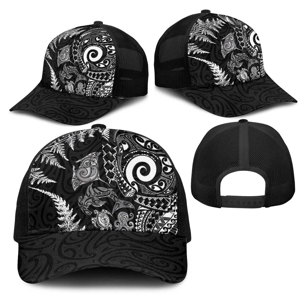 New Zealand Sea Animals Mesh Trucker Cap with Maori Koru Tribal Tattoo and Silver Ferns Black Color LT03 - Polynesian Pride