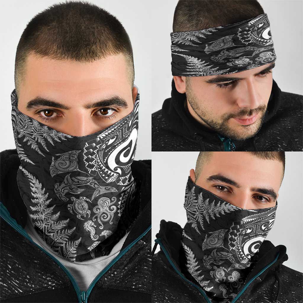 New Zealand Sea Animals Neck Gaiter with Maori Koru Tribal Tattoo and Silver Ferns Black Color LT03 - Polynesian Pride