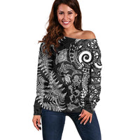 New Zealand Sea Animals Off Shoulder Sweater with Maori Koru Tribal Tattoo and Silver Ferns Black Color LT03 Women Black - Polynesian Pride