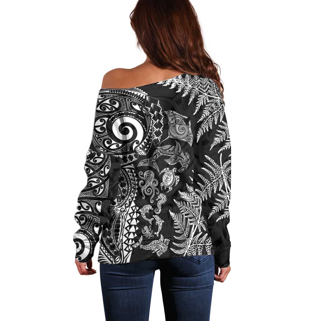New Zealand Sea Animals Off Shoulder Sweater with Maori Koru Tribal Tattoo and Silver Ferns Black Color LT03 - Polynesian Pride
