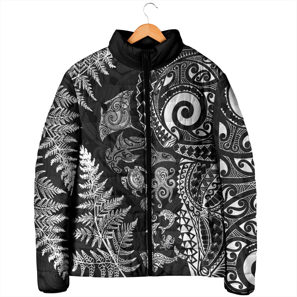 New Zealand Sea Animals Padded Jacket with Maori Koru Tribal Tattoo and Silver Ferns Black Color LT03 - Polynesian Pride