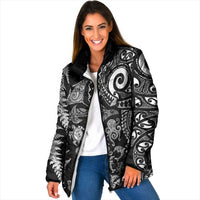 New Zealand Sea Animals Padded Jacket with Maori Koru Tribal Tattoo and Silver Ferns Black Color LT03 Women Black - Polynesian Pride