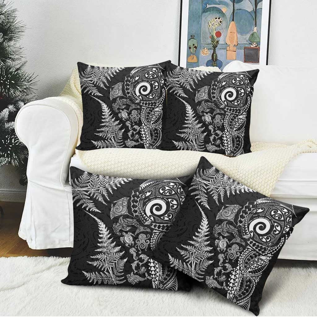 New Zealand Sea Animals Pillow Cover with Maori Koru Tribal Tattoo and Silver Ferns Black Color LT03 - Polynesian Pride