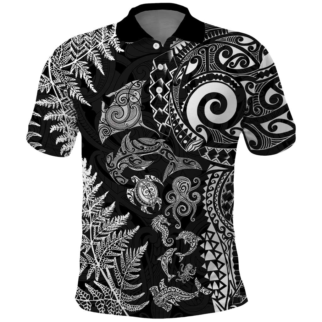 New Zealand Sea Animals Polo Shirt with Maori Koru Tribal Tattoo and Silver Ferns Black Color