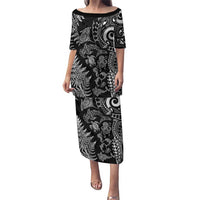 New Zealand Sea Animals Puletasi with Maori Koru Tribal Tattoo and Silver Ferns Black Color LT03 Long Dress Black - Polynesian Pride