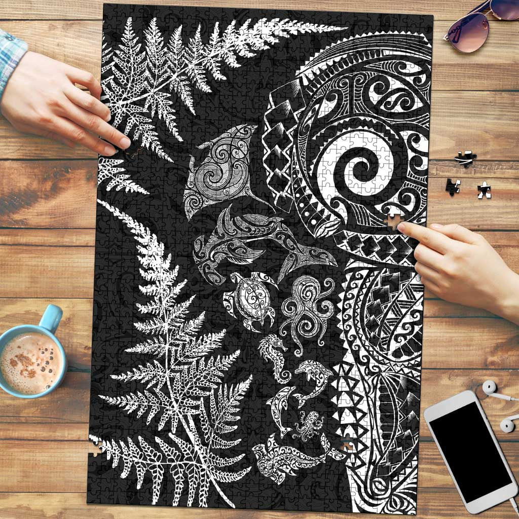 New Zealand Sea Animals Puzzle with Maori Koru Tribal Tattoo and Silver Ferns Black Color LT03 Black - Polynesian Pride
