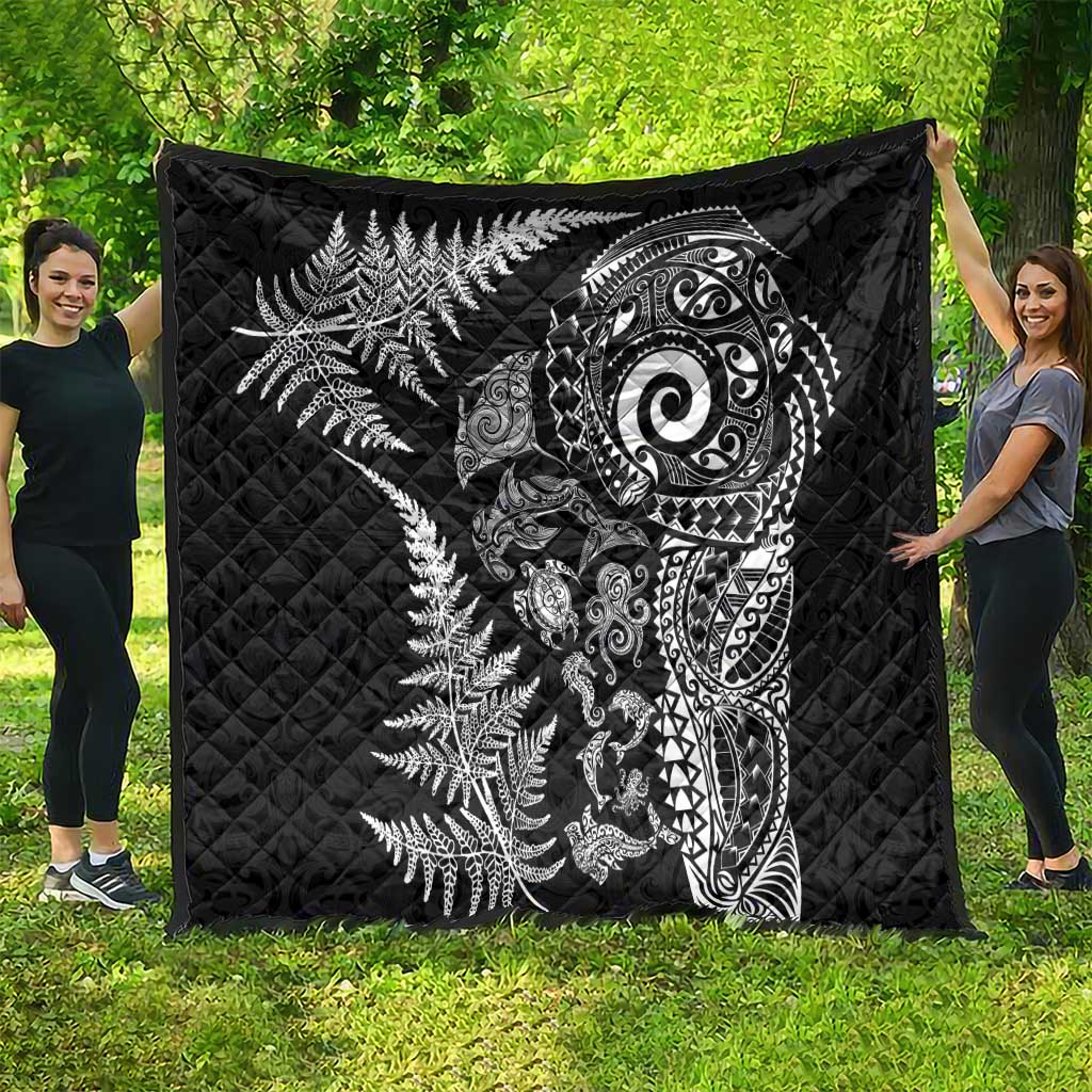 New Zealand Sea Animals Quilt with Maori Koru Tribal Tattoo and Silver Ferns Black Color LT03 - Polynesian Pride