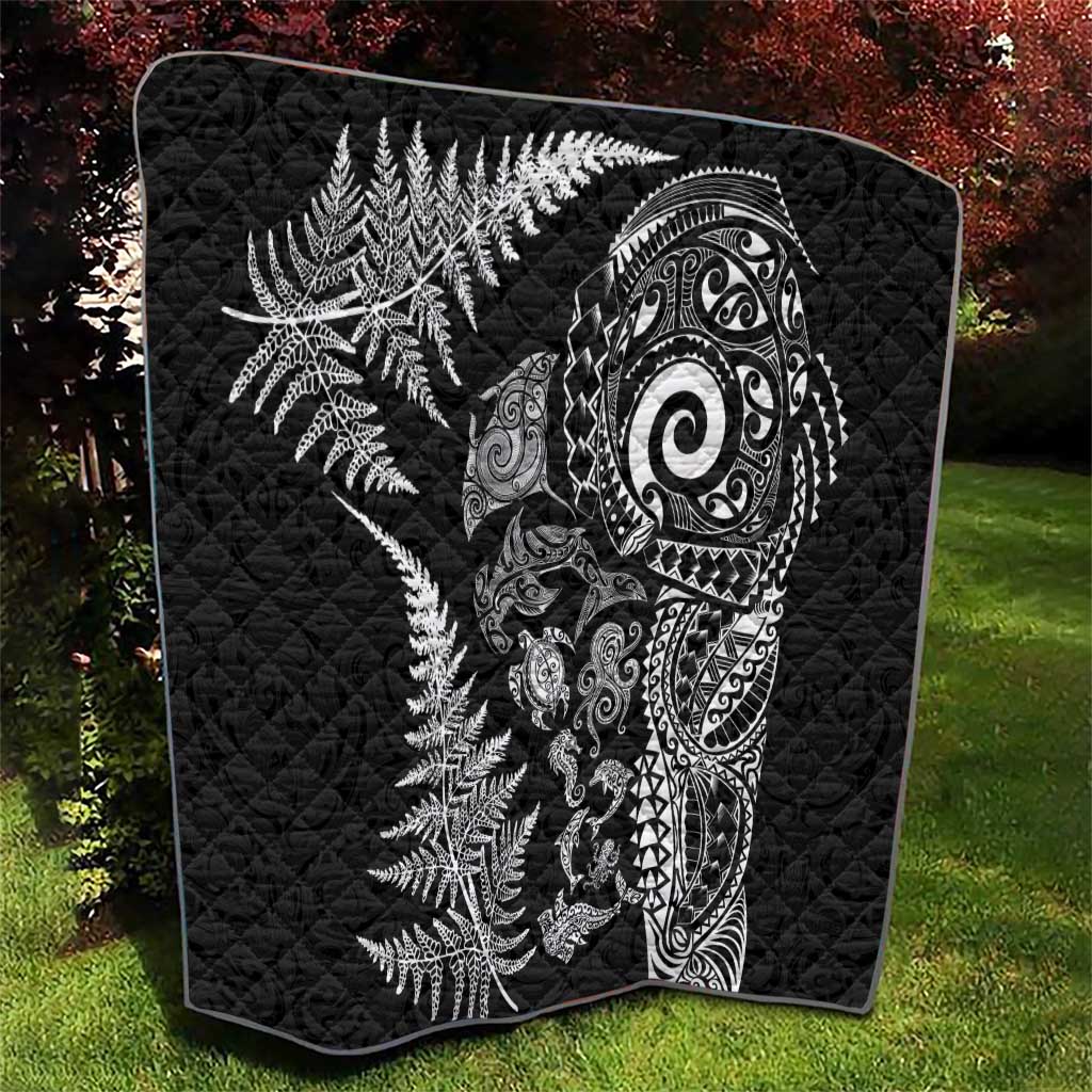 New Zealand Sea Animals Quilt with Maori Koru Tribal Tattoo and Silver Ferns Black Color LT03 - Polynesian Pride