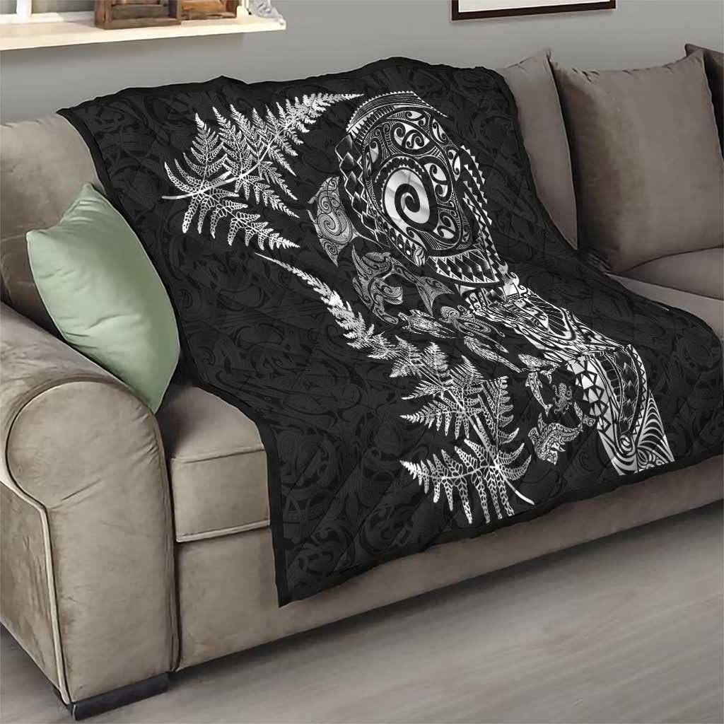 New Zealand Sea Animals Quilt with Maori Koru Tribal Tattoo and Silver Ferns Black Color LT03 - Polynesian Pride