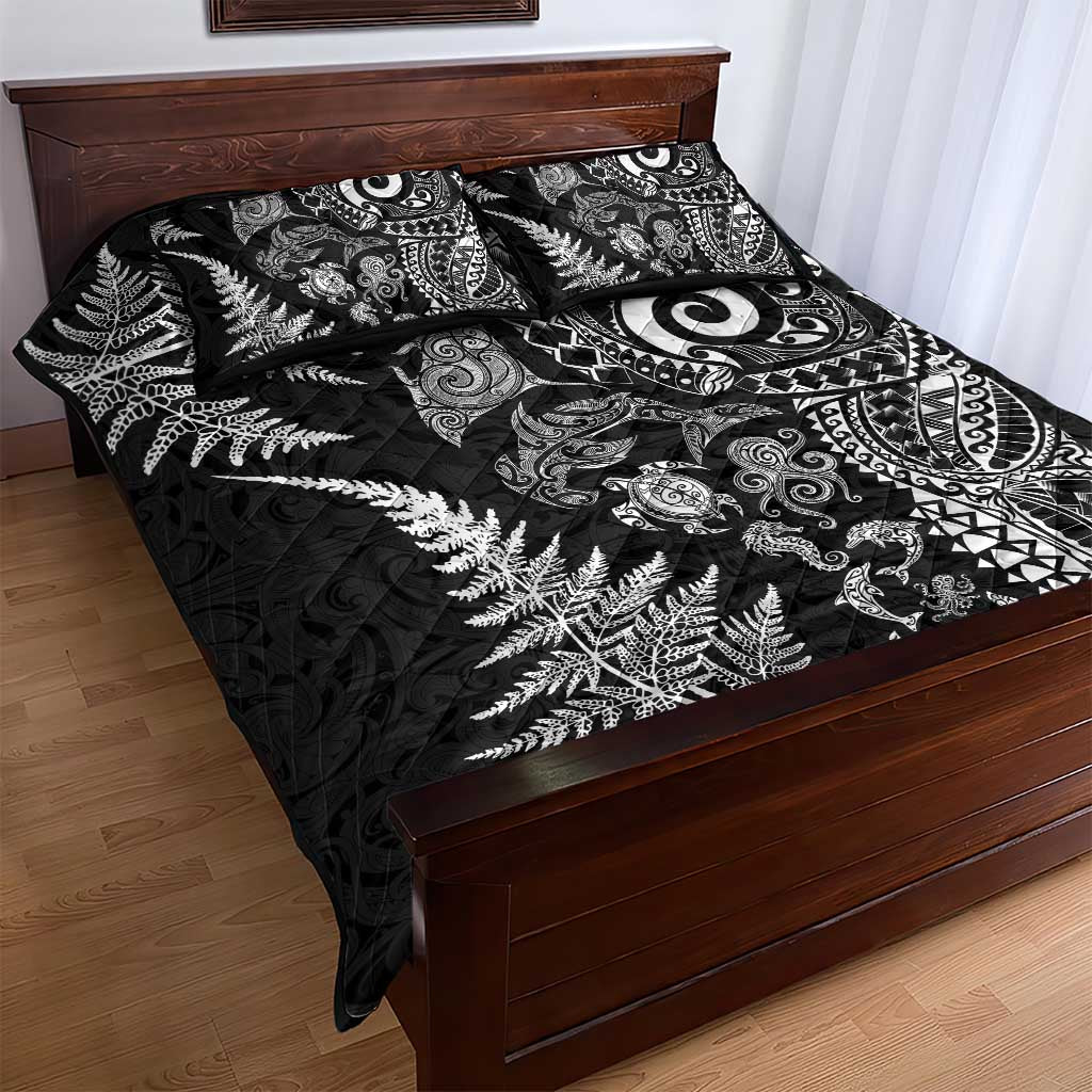 New Zealand Sea Animals Quilt Bed Set with Maori Koru Tribal Tattoo and Silver Ferns Black Color LT03 - Polynesian Pride