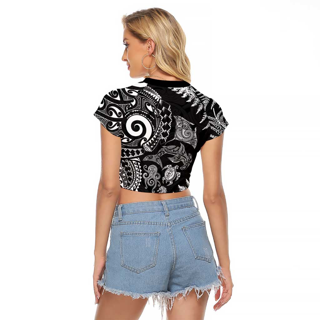 New Zealand Sea Animals Raglan Cropped T Shirt with Maori Koru Tribal Tattoo and Silver Ferns Black Color LT03 - Polynesian Pride