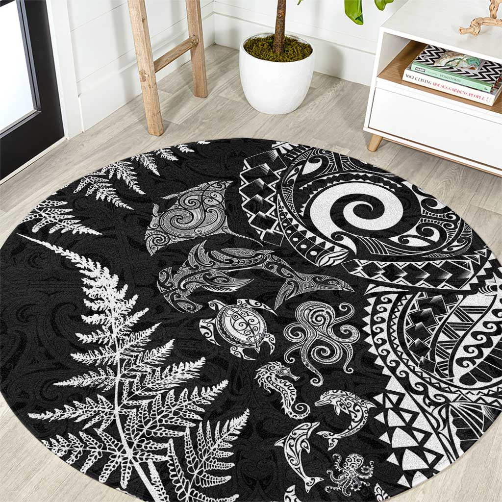 New Zealand Sea Animals Round Carpet with Maori Koru Tribal Tattoo and Silver Ferns Black Color