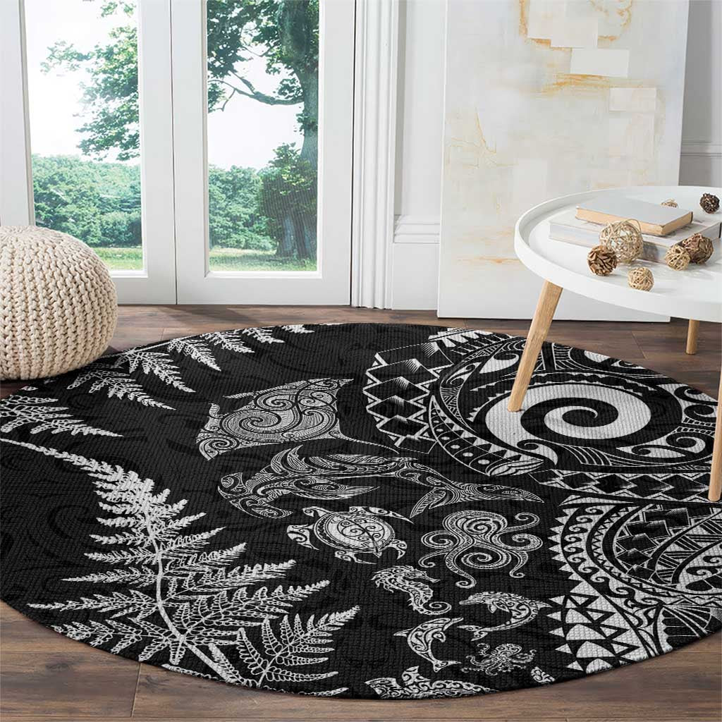 New Zealand Sea Animals Round Carpet with Maori Koru Tribal Tattoo and Silver Ferns Black Color LT03 - Polynesian Pride
