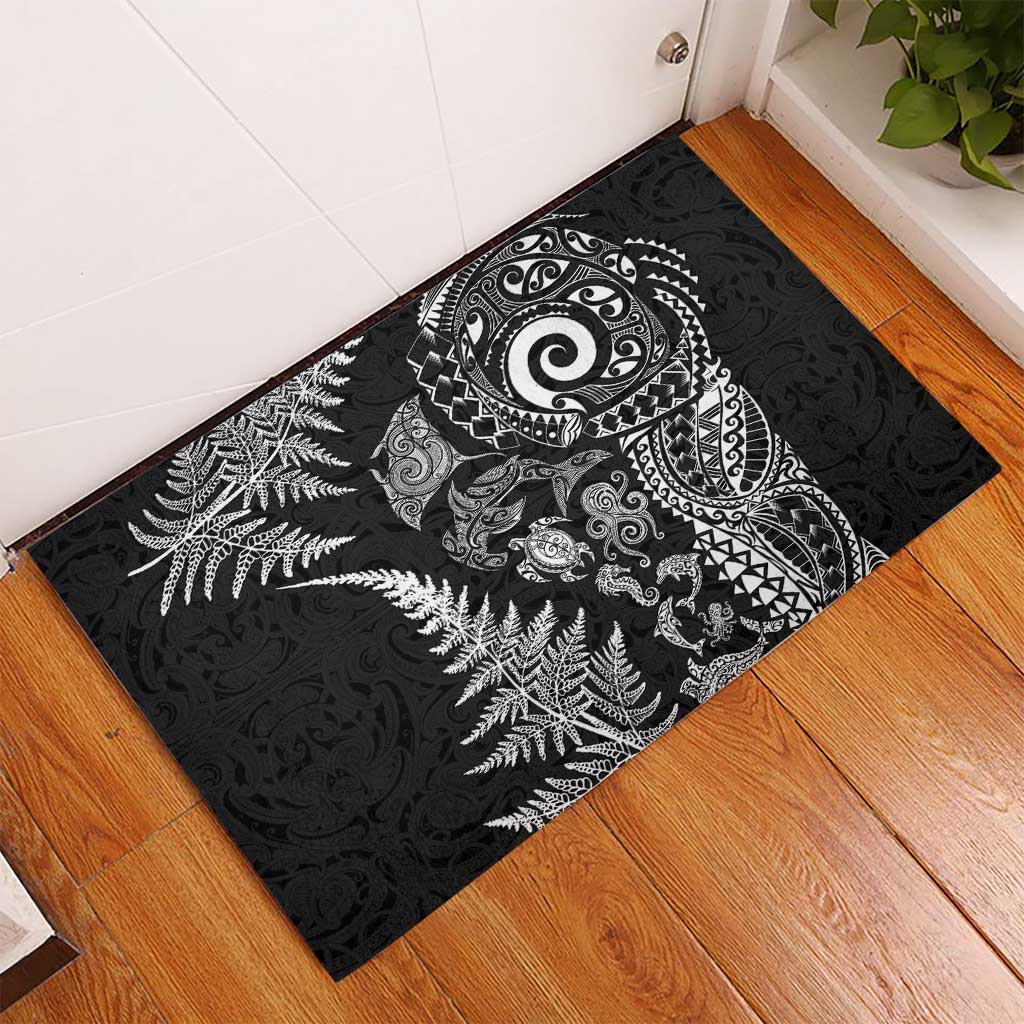 New Zealand Sea Animals Rubber Doormat with Maori Koru Tribal Tattoo and Silver Ferns Black Color LT03 - Polynesian Pride