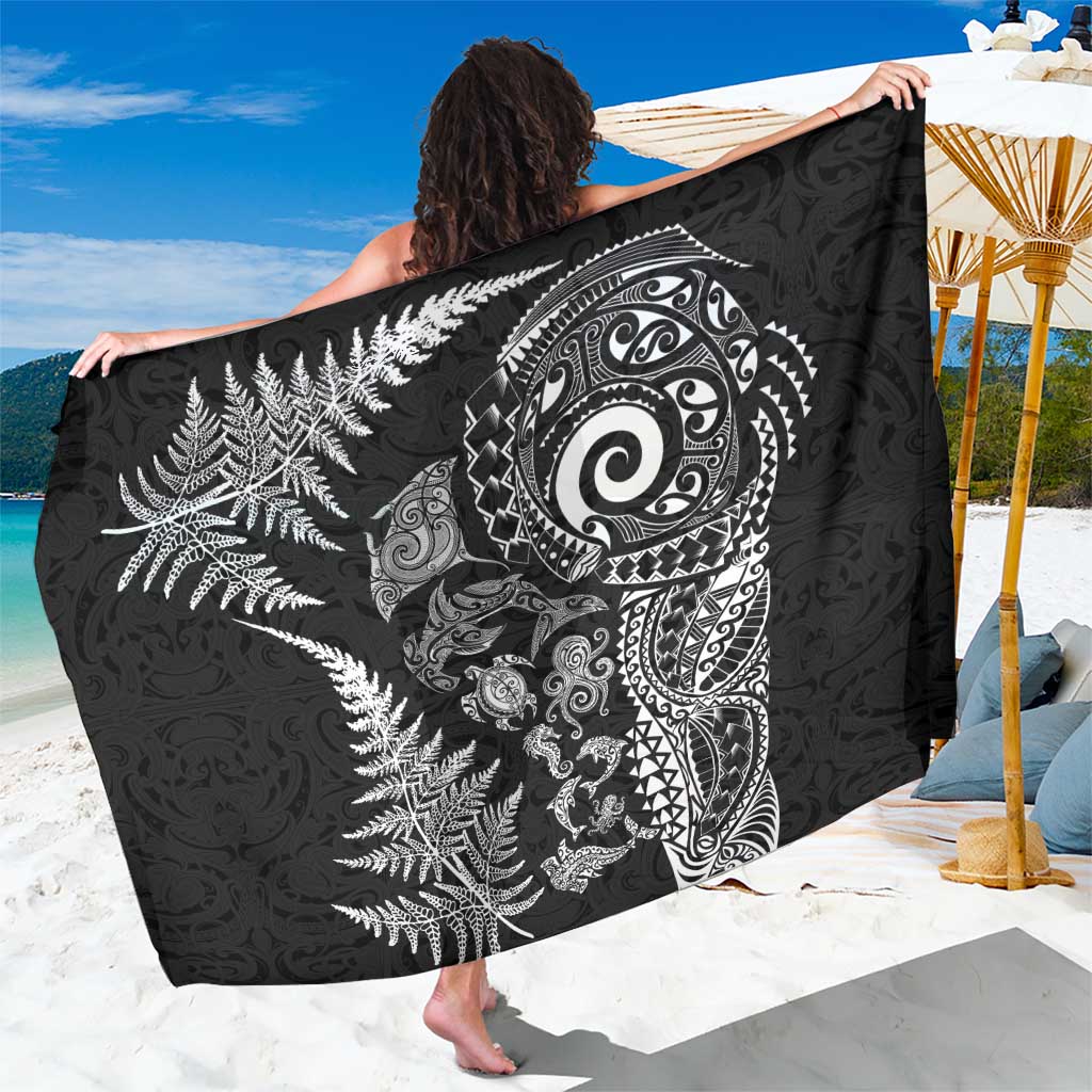 New Zealand Sea Animals Sarong with Maori Koru Tribal Tattoo and Silver Ferns Black Color LT03 One Size 44 x 66 inches Black - Polynesian Pride