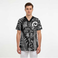 New Zealand Sea Animals Scrub Top with Maori Koru Tribal Tattoo and Silver Ferns Black Color LT03 - Polynesian Pride