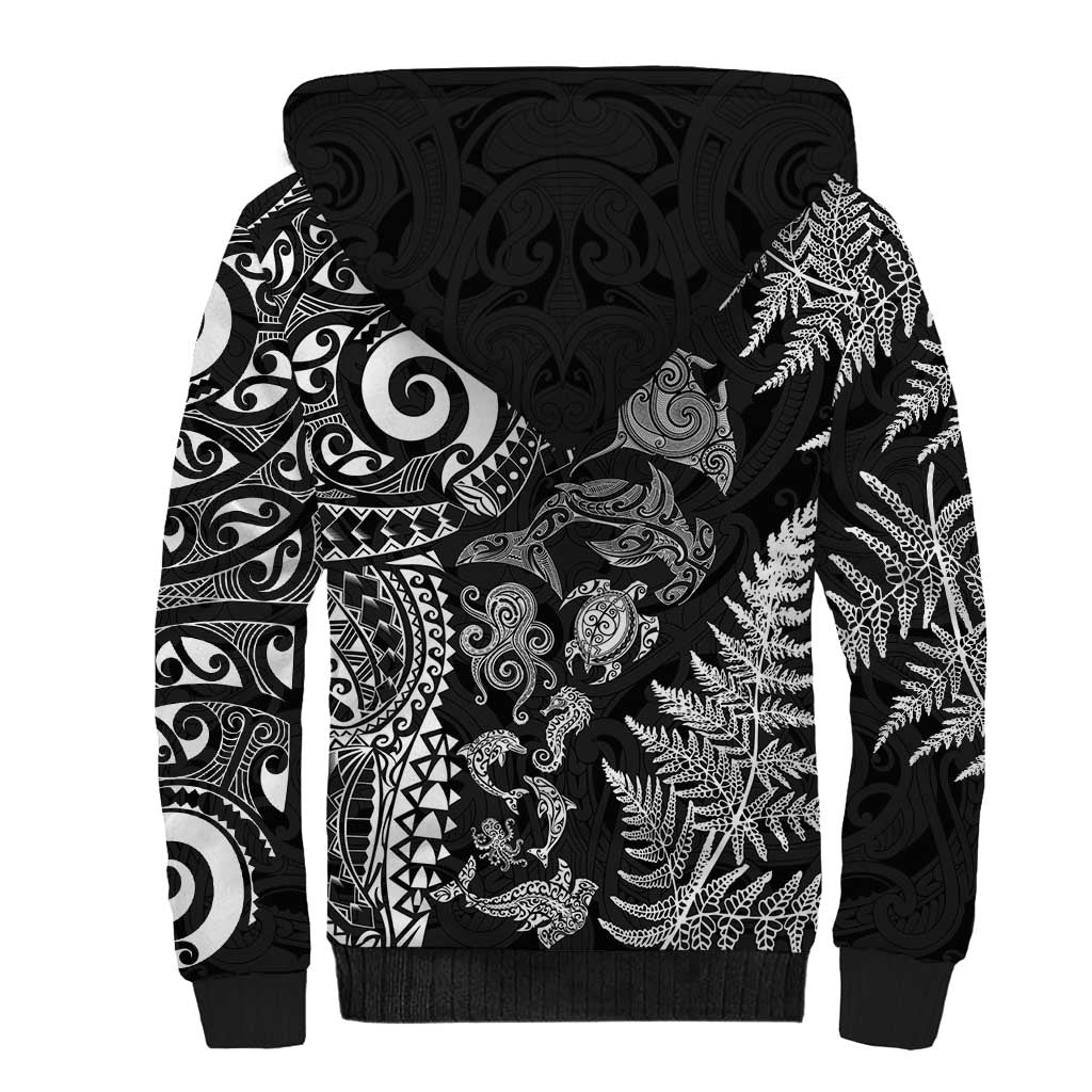 New Zealand Sea Animals Sherpa Hoodie with Maori Koru Tribal Tattoo and Silver Ferns Black Color LT03 - Polynesian Pride