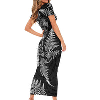 New Zealand Sea Animals Short Sleeve Bodycon Dress with Maori Koru Tribal Tattoo and Silver Ferns Black Color LT03 - Polynesian Pride