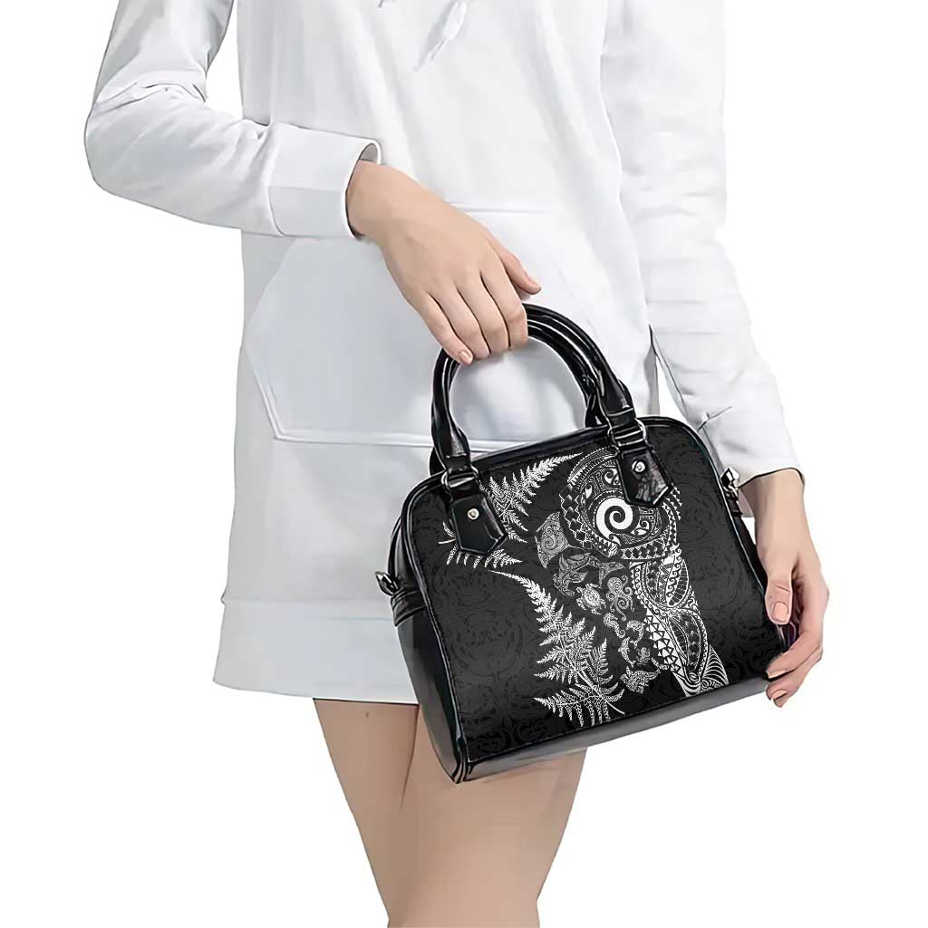 New Zealand Sea Animals Shoulder Handbag with Maori Koru Tribal Tattoo and Silver Ferns Black Color LT03 - Polynesian Pride