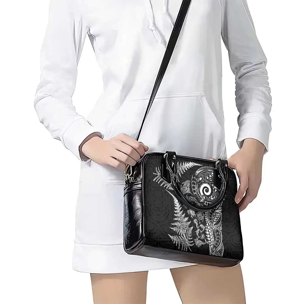 New Zealand Sea Animals Shoulder Handbag with Maori Koru Tribal Tattoo and Silver Ferns Black Color LT03 - Polynesian Pride
