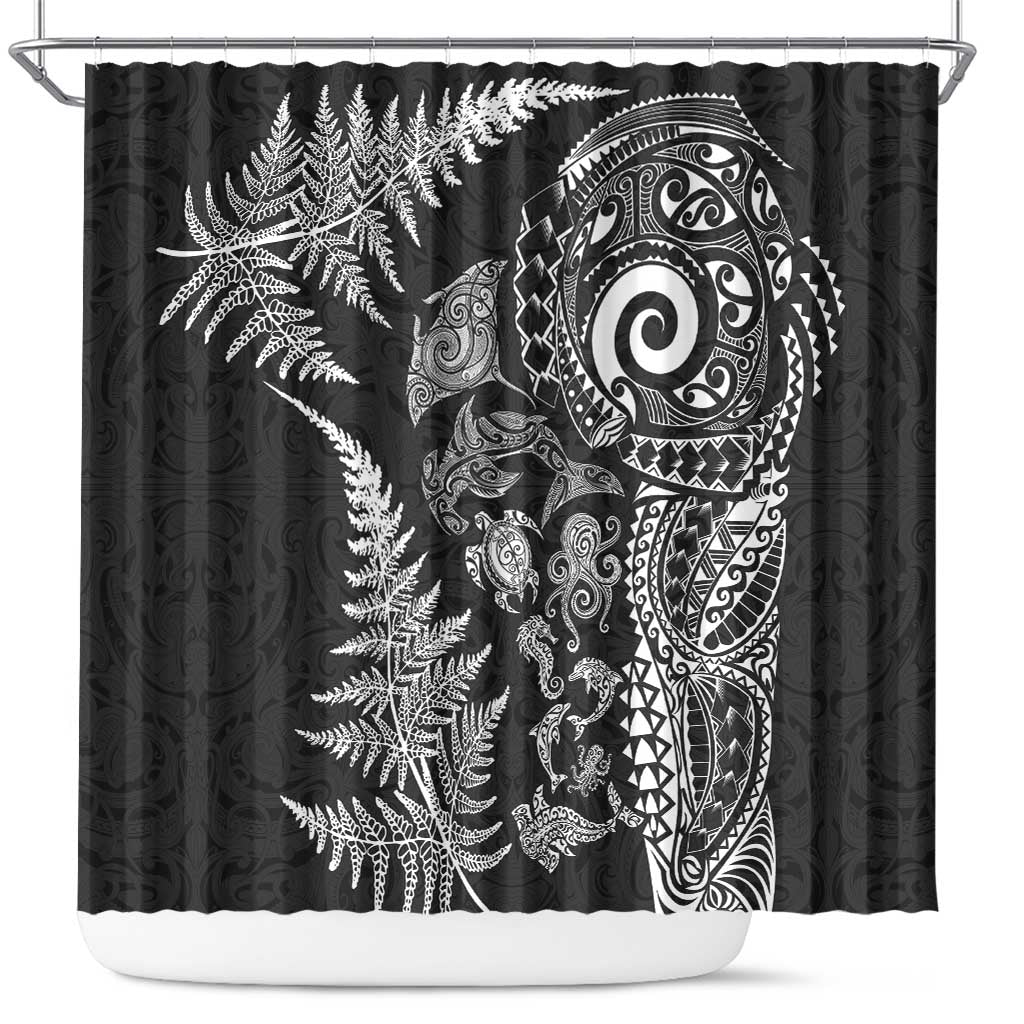 New Zealand Sea Animals Shower Curtain with Maori Koru Tribal Tattoo and Silver Ferns Black Color LT03 Black - Polynesian Pride