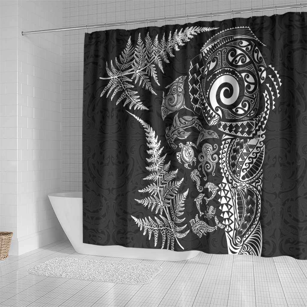 New Zealand Sea Animals Shower Curtain with Maori Koru Tribal Tattoo and Silver Ferns Black Color LT03 - Polynesian Pride