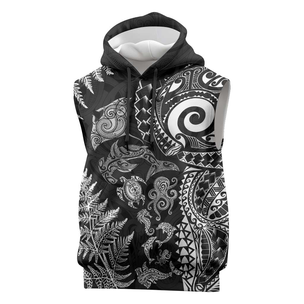 New Zealand Sea Animals Sleeveless Hoodie with Maori Koru Tribal Tattoo and Silver Ferns Black Color LT03 Black - Polynesian Pride