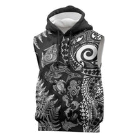 New Zealand Sea Animals Sleeveless Hoodie with Maori Koru Tribal Tattoo and Silver Ferns Black Color LT03 Black - Polynesian Pride