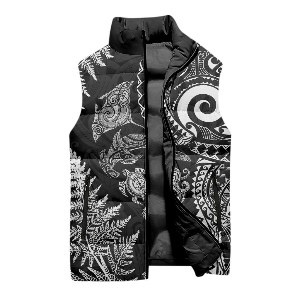 New Zealand Sea Animals Sleeveless Puffer Jacket with Maori Koru Tribal Tattoo and Silver Ferns Black Color LT03 - Polynesian Pride