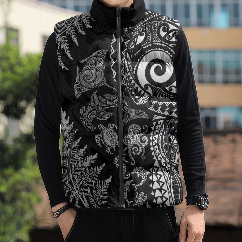 New Zealand Sea Animals Sleeveless Puffer Jacket with Maori Koru Tribal Tattoo and Silver Ferns Black Color LT03 - Polynesian Pride