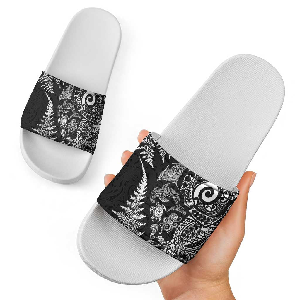 New Zealand Sea Animals Slide Sandals with Maori Koru Tribal Tattoo and Silver Ferns Black Color LT03 - Polynesian Pride
