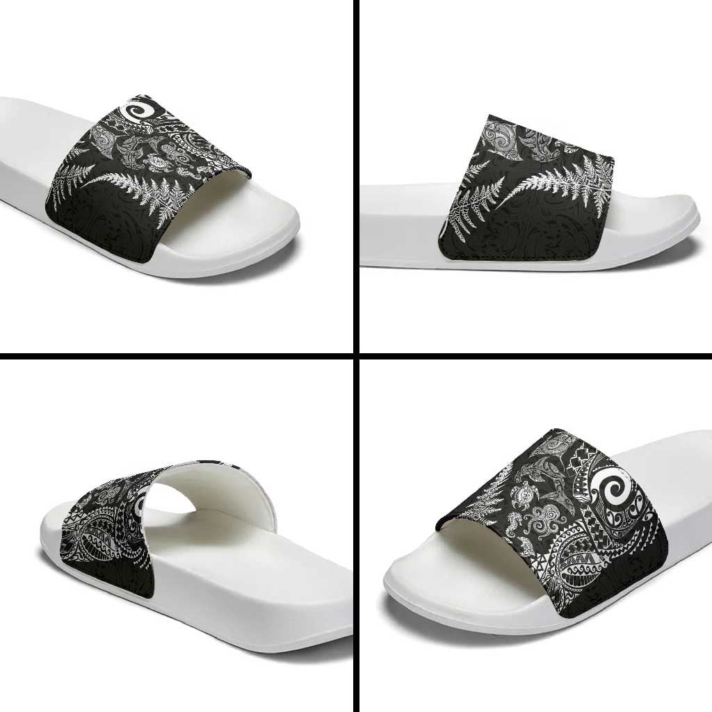 New Zealand Sea Animals Slide Sandals with Maori Koru Tribal Tattoo and Silver Ferns Black Color LT03 - Polynesian Pride