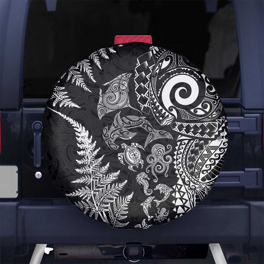 New Zealand Sea Animals Spare Tire Cover with Maori Koru Tribal Tattoo and Silver Ferns Black Color