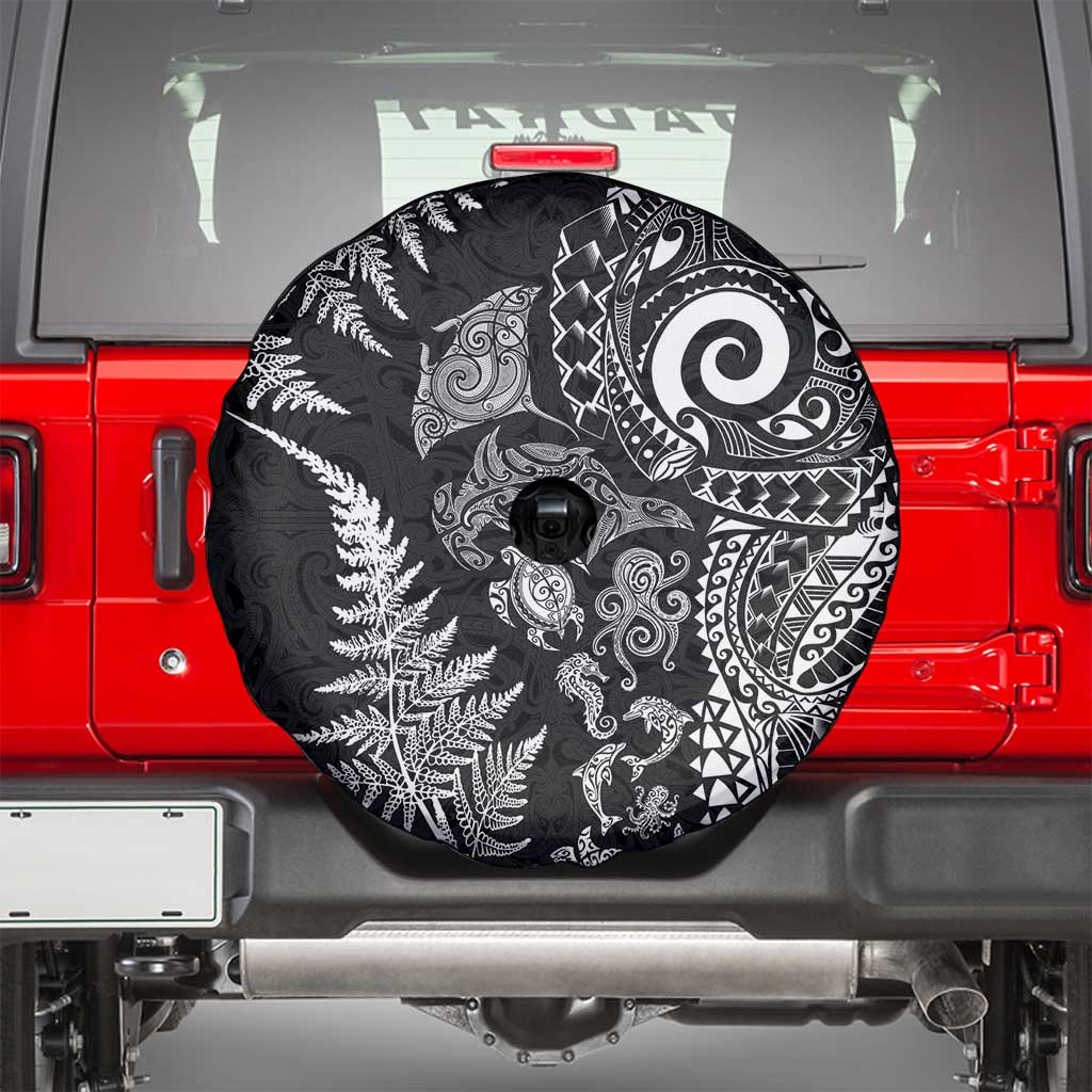 New Zealand Sea Animals Spare Tire Cover with Maori Koru Tribal Tattoo and Silver Ferns Black Color LT03 - Polynesian Pride