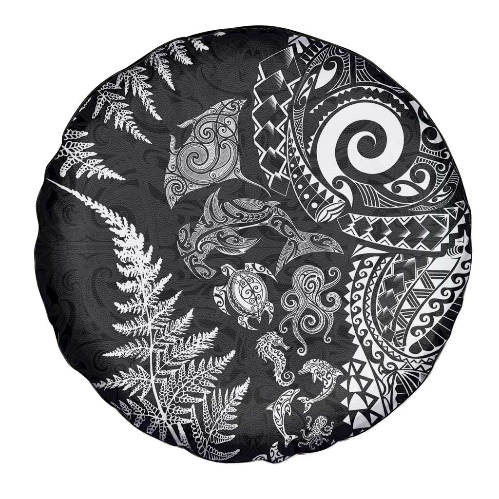 New Zealand Sea Animals Spare Tire Cover with Maori Koru Tribal Tattoo and Silver Ferns Black Color LT03 - Polynesian Pride