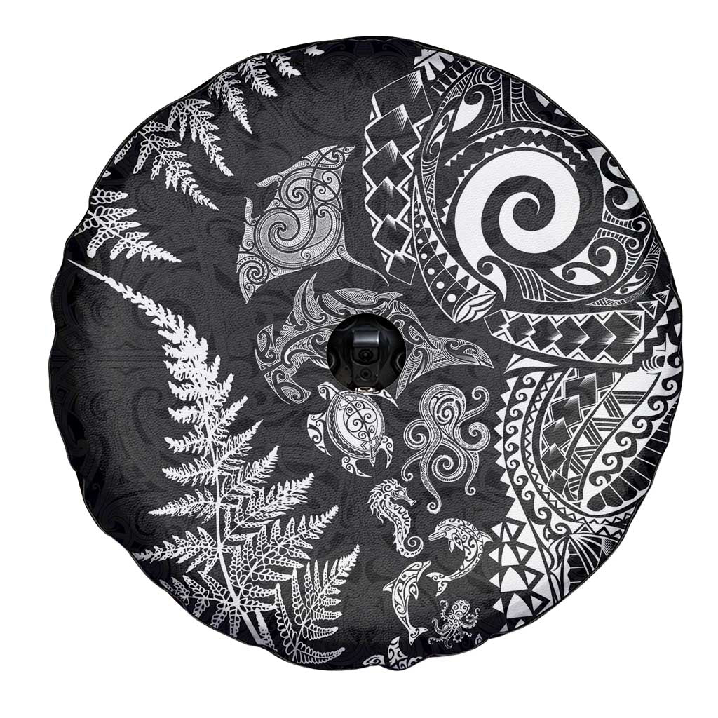 New Zealand Sea Animals Spare Tire Cover with Maori Koru Tribal Tattoo and Silver Ferns Black Color LT03 - Polynesian Pride