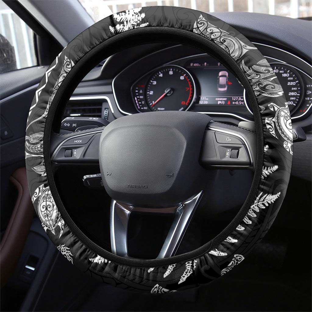 New Zealand Sea Animals Steering Wheel Cover with Maori Koru Tribal Tattoo and Silver Ferns Black Color LT03 - Polynesian Pride