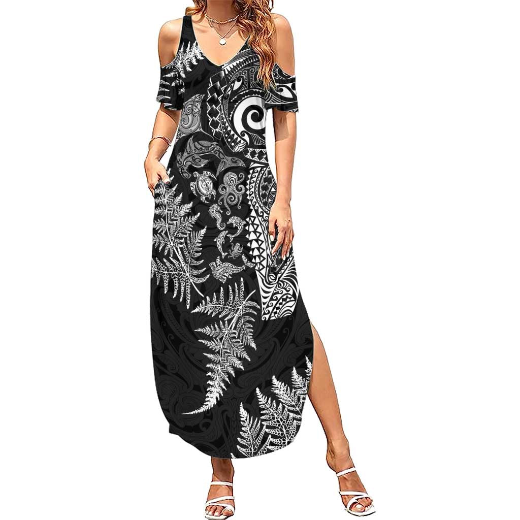 New Zealand Sea Animals Summer Maxi Dress with Maori Koru Tribal Tattoo and Silver Ferns Black Color LT03 Women Black - Polynesian Pride