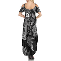 New Zealand Sea Animals Summer Maxi Dress with Maori Koru Tribal Tattoo and Silver Ferns Black Color LT03 - Polynesian Pride