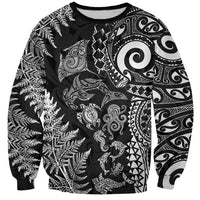 New Zealand Sea Animals Sweatshirt with Maori Koru Tribal Tattoo and Silver Ferns Black Color LT03 Unisex Black - Polynesian Pride