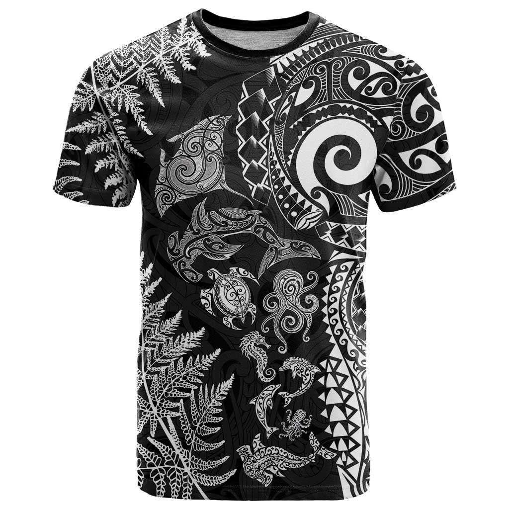 New Zealand Sea Animals T Shirt with Maori Koru Tribal Tattoo and Silver Ferns Black Color LT03 Black - Polynesian Pride