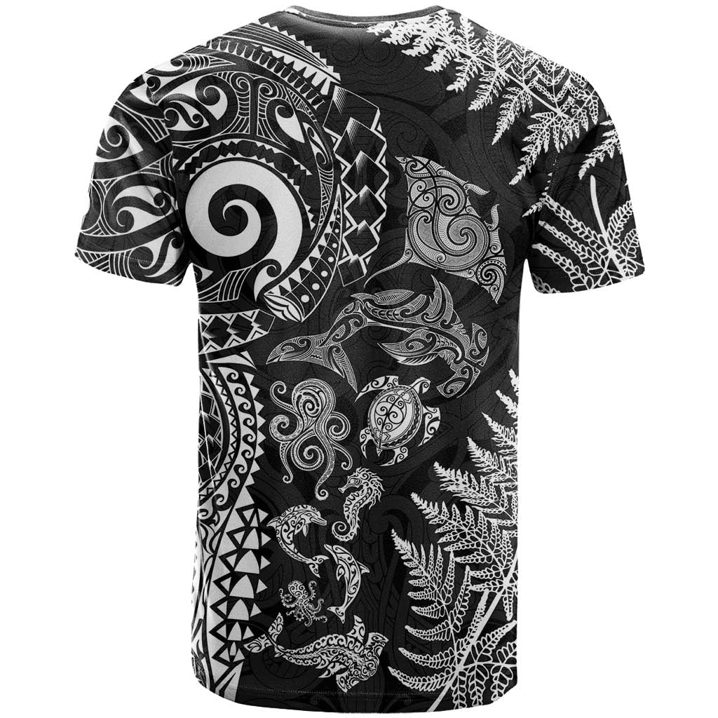 New Zealand Sea Animals T Shirt with Maori Koru Tribal Tattoo and Silver Ferns Black Color LT03 - Polynesian Pride