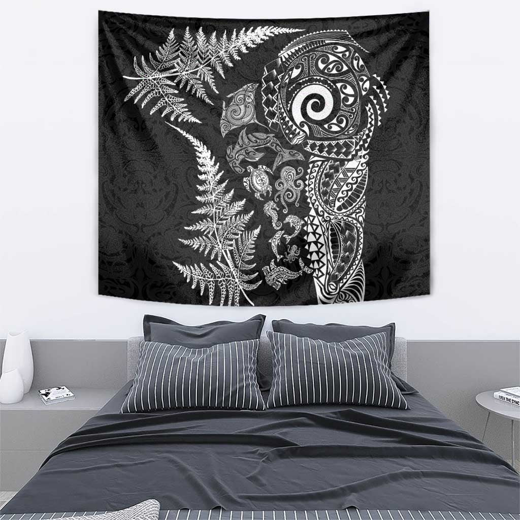 New Zealand Sea Animals Tapestry with Maori Koru Tribal Tattoo and Silver Ferns Black Color LT03 - Polynesian Pride