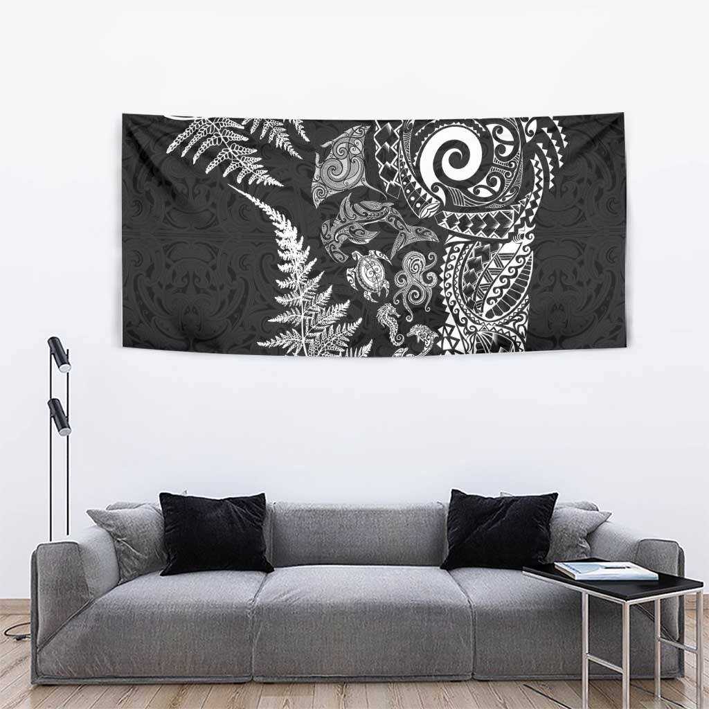 New Zealand Sea Animals Tapestry with Maori Koru Tribal Tattoo and Silver Ferns Black Color LT03 - Polynesian Pride