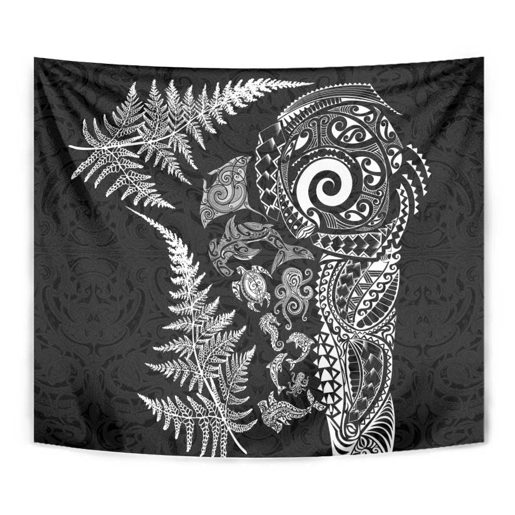 New Zealand Sea Animals Tapestry with Maori Koru Tribal Tattoo and Silver Ferns Black Color LT03 - Polynesian Pride