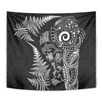 New Zealand Sea Animals Tapestry with Maori Koru Tribal Tattoo and Silver Ferns Black Color LT03 - Polynesian Pride